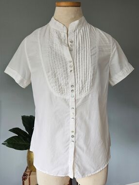 DÂ-NANG Classic tuxedo-inspired pintuck front Silk & Cotton Ivory Color Blouse!